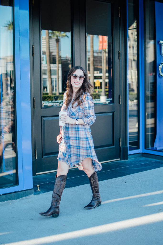 Feature a lifestyle shot of flat slouchy boots paired with a plaid shirt dress.