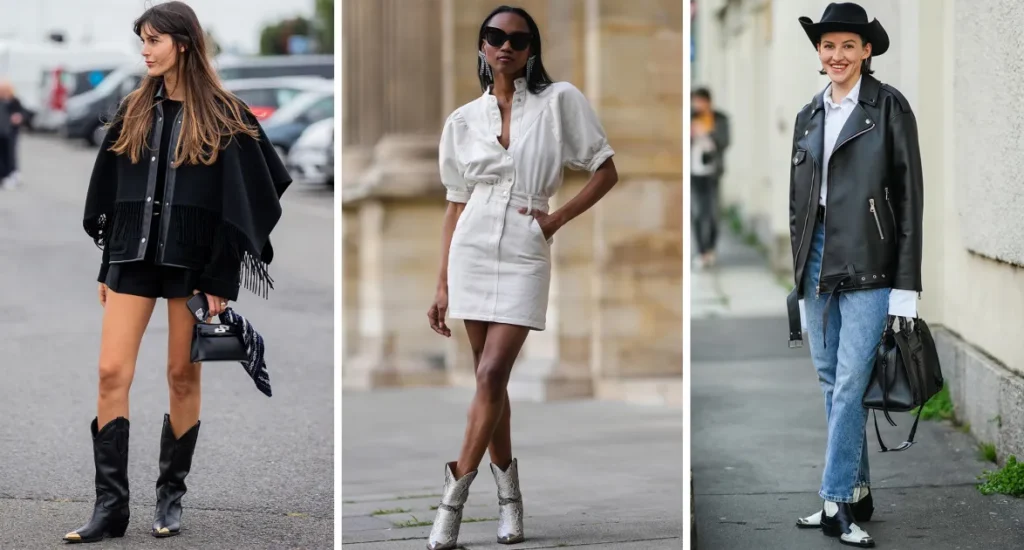 Show a model in Western-style slouchy boots paired with denim shorts and a fringe jacket.